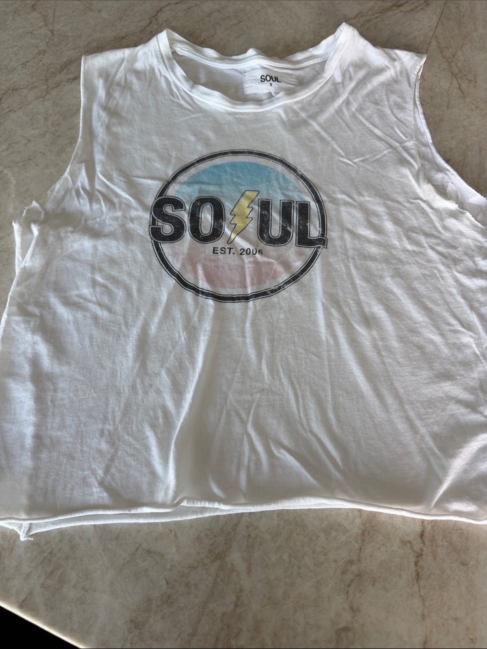 soulcycle White Graphic Muscle Tee with Pastel Logo